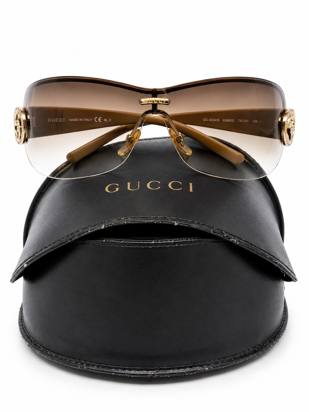 Gucci Shield Rimless Brown Gradient Sunglasses GG4224/S Gold Logo w/ Case